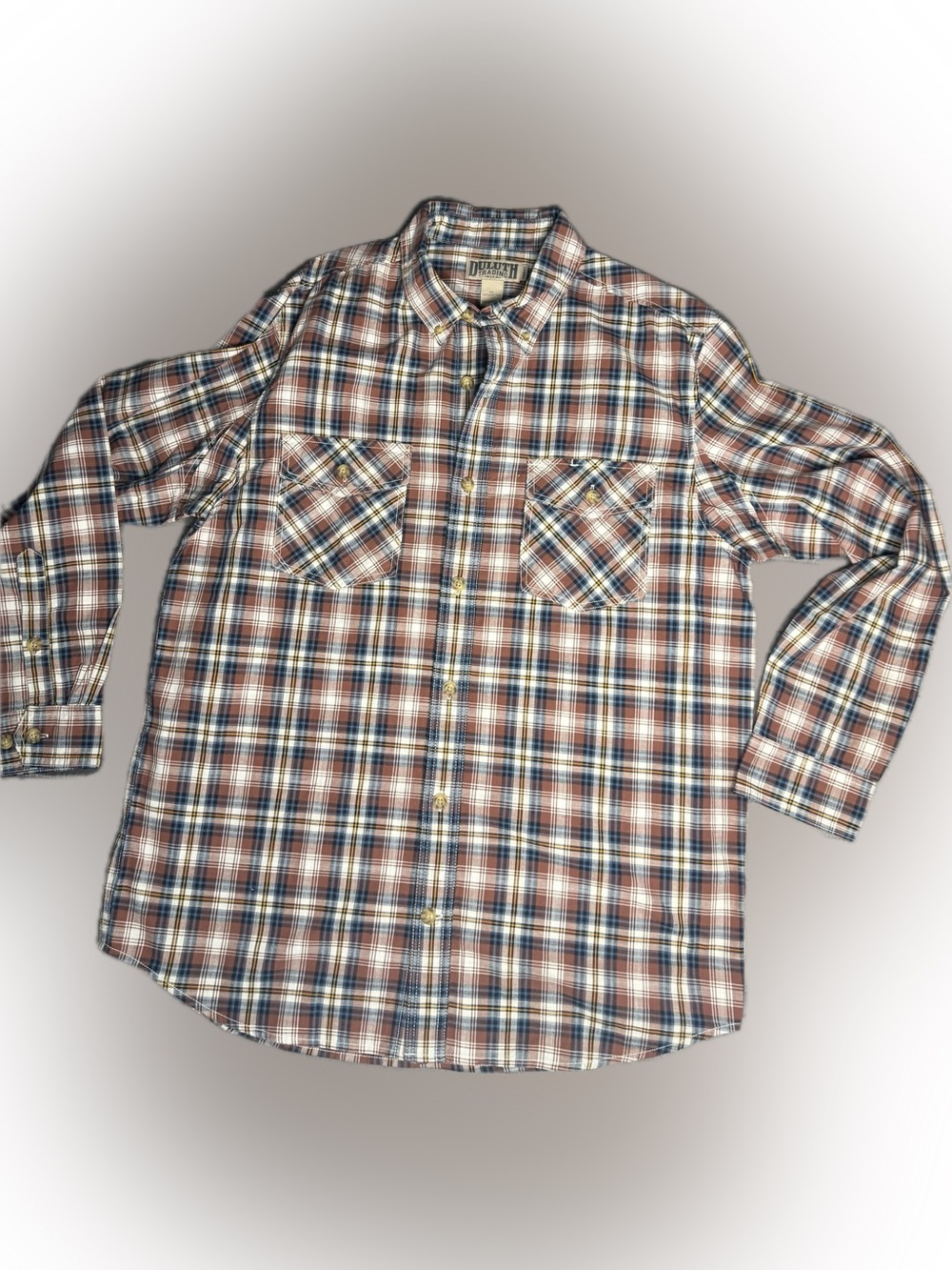 Duluth Trading Co Men’s Rust and Navy Plaid Button-Down Shirt, XL trim fit